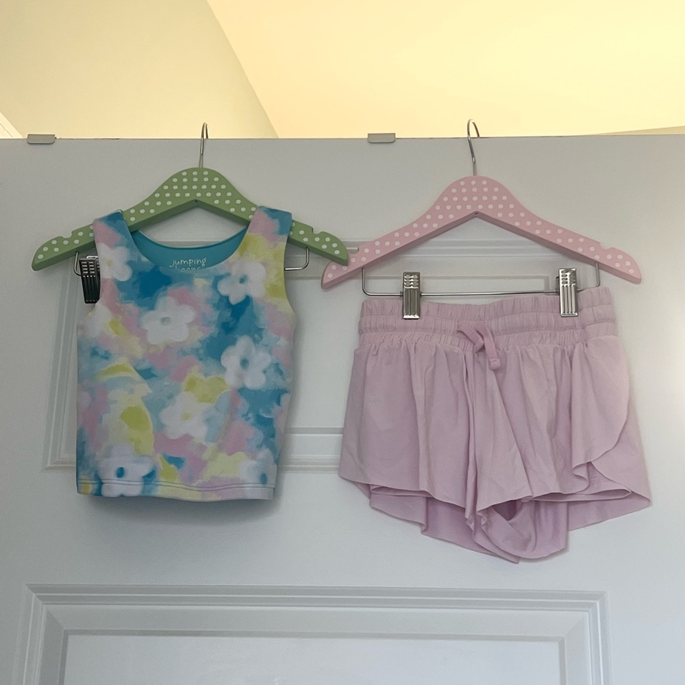 Little Girls Jumping Beans Moisture Wick Teal Floral Tank Top and Skort Set.